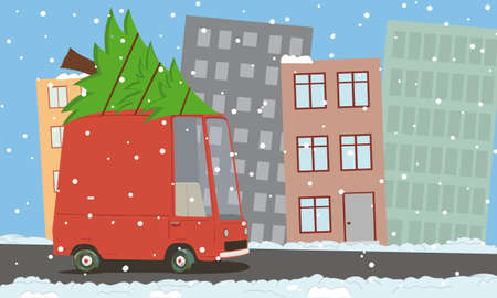 cartoon van in the city のイラスト素材