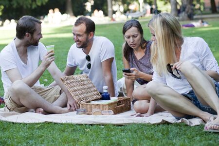 friends in park making picnic