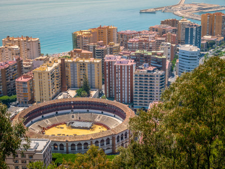Panoramic view of Malaga and the Bullring in a summer day, Spainのeditorial素材
