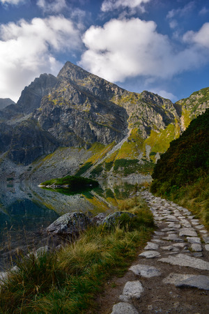 Mountain path at morning in Tatra mountain lakeの写真素材