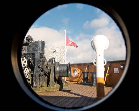 Deck of the boat vieved from portholeの写真素材