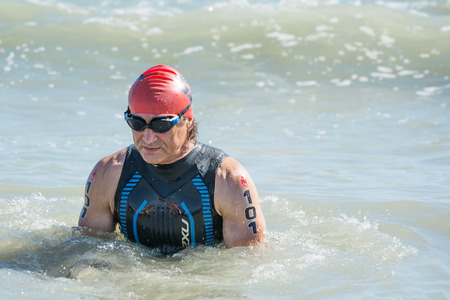 Pescara, Italy - June 18, 2017: Starting point for disabled athlete Alex Zanardi at Ironman 70.3 Pescara of June 18, 2017のeditorial素材