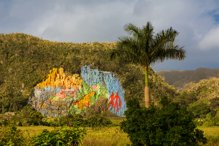 Vinales, Cuba - December 6, 2017: Mural of prehistory on a rock wall of a Mogote in the Vinales valleyのeditorial素材