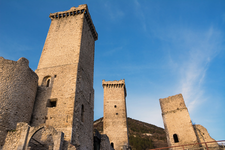 The Towers and rampart of Pacentro castle at sunset (Italy)のeditorial素材
