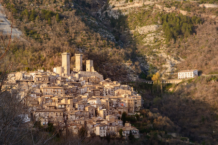 The town of Pacentro and its castle at sunsetのeditorial素材