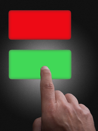 Buttons with copy space, green and red, and finger pointing, on a gray gradient background