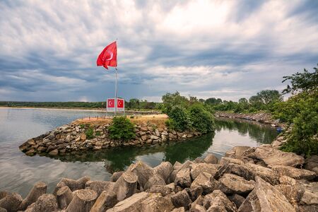 Turkish flag on the border of Bulgaria and Europeの写真素材