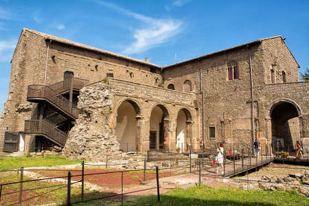 Montefiascone, Italy - 19 September 2020: Interior of the court of the Fortress of Popes (Rocca dei Papi) with visiting touristsのeditorial素材