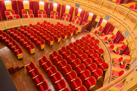 Almagro, Spain - 23 June 2022: Interior with stage and stalls of the Municipal Theater of Almagro...