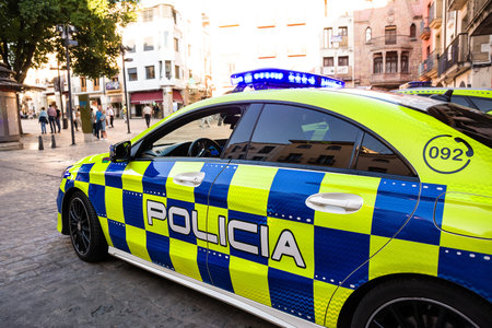 Plasencia, Spain - 25 June 2022: Police car in the historic center of Plasencia, Spain