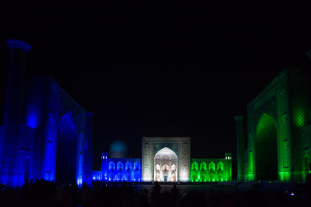 Samarkand, Uzbekistan - 06 July 2024: Registan at night illuminated by lightsの写真素材