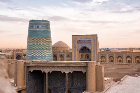 Sunset Panorama of Khiva with Kalta Minor Minarets in Khiva, Uzbekistanの写真素材
