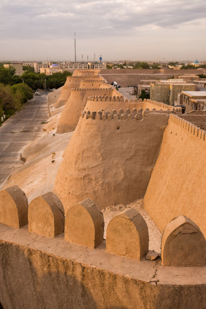 Ancient City Walls of Khiva under a Cloudy Skyの写真素材