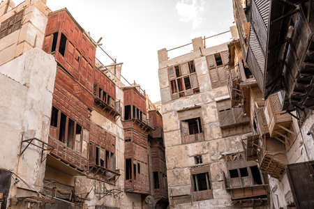 Wooden covered balconies in the historic center of Al Balad in Jeddah, typical of Hijazi architectureの写真素材