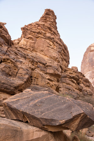 Rocks with Dadanite and Lihyanite inscriptions at Jabal Ikmah site known as the open air library and UNESCO heritage in Al Ula Saudi Arabiaの写真素材