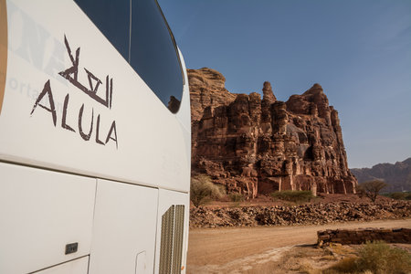 Al Ula, Saudi Arabia - 24 April 2025: Close up detail of the logo on a tourist bus operating in the Al Ula region serving destinations such as Hegra Dadan and Jabal Ikmah in Saudi Arabiaのeditorial素材