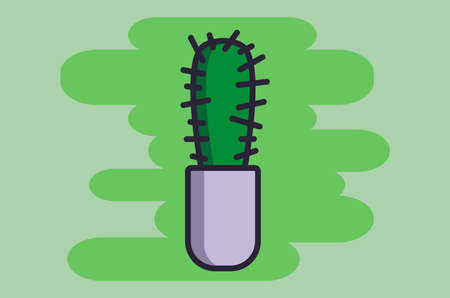 Vector icon of a cactus in a flowerpot with stroke on the green backgroundのイラスト素材