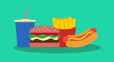 Fast food vector illustration. Junk food icon. Hot dog, french fries, hamburger and soft drink.のイラスト素材
