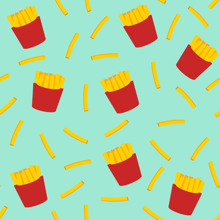 Seamless repeating pattern of french fries with flat shading on a light blue background
