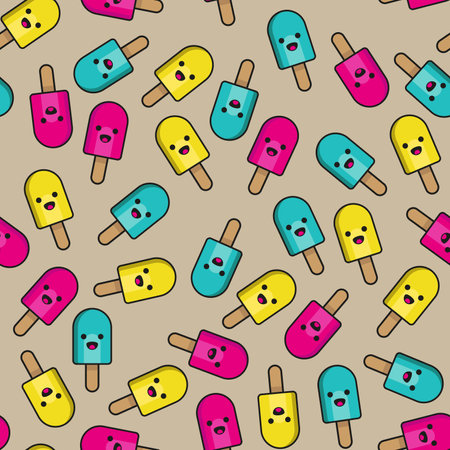 Repeating seamless pattern of ice creams with cute smiling faces in CMYK colors on a brown backgroundのイラスト素材