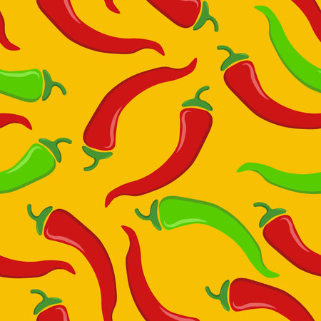 Seamless pattern with chili peppers on a yellow background vector art illustration.のイラスト素材