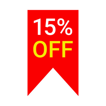 red vector 15 percent discount label isolated on white backgroundのイラスト素材