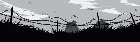 Barb wire on battle field vector wideのイラスト素材