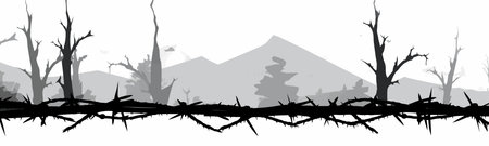 Barb wire on battle field vector wideのイラスト素材