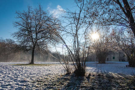 mountain landscape with snow and blue skyの写真素材