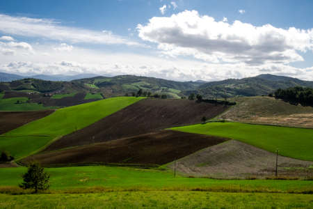 plowed fields and green hills. walk on the via francigena. general view.