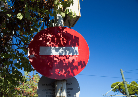 No entry sign on a street post, in Athens, Greeceの写真素材
