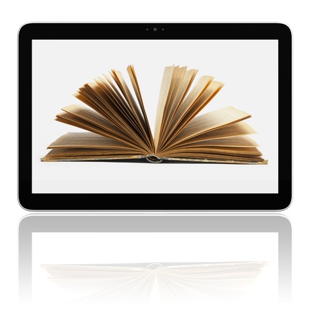 Book and generic teblet computer 3D model isolated on white, E-book E-reader conceptの写真素材