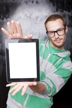 Good Looking Young Nerd Smart Guy Man Using Tablet Computerの写真素材