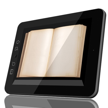 Book and teblet computer 3D model isolated on white, digital library conceptの写真素材
