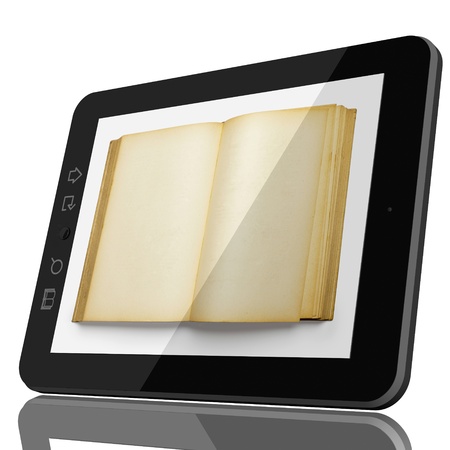 Book and teblet computer 3D model isolated on white, digital library conceptの写真素材