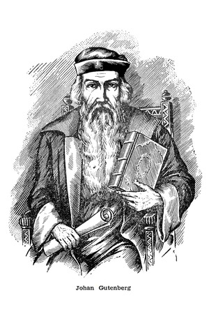 Antique engraving of a portrait of Johannes Gutenberg. German goldsmith and printer, printign inventorのeditorial素材