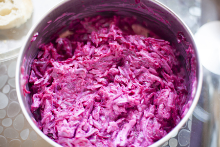 Fresh and quick beet roots salad on tableの写真素材