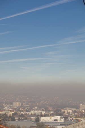 Smog and airpoluton air polution, Europe, Serbia, Valjevo cityの写真素材