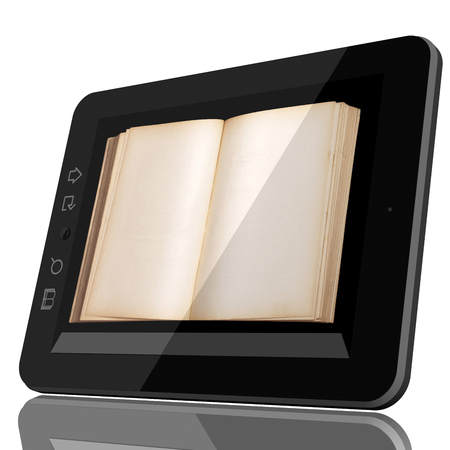 Digital Library Concept - Open Book on teblet computer touch screen. CGI 3D model isolated on white.の写真素材