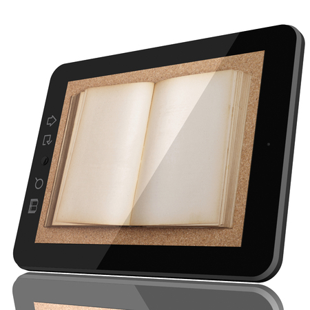 Digital Library Concept - Open Book on teblet computer screen. 3D model isolated on white.の写真素材