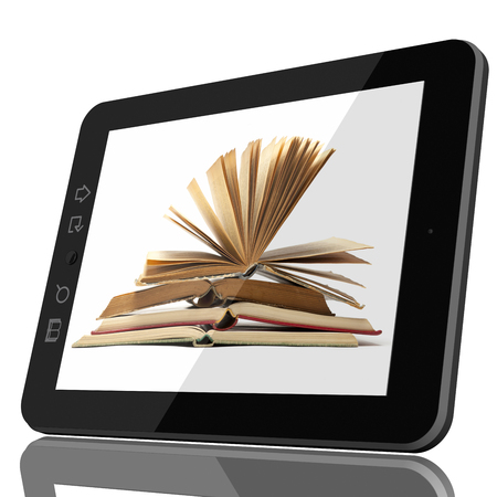 Digital Library Concept - Open Book on teblet computer screen. CGI 3D model isolated on white.の写真素材