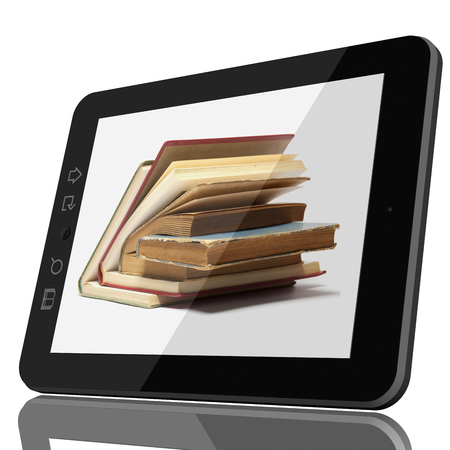 Digital Library Concept - Open Book on teblet computer screen. 3D model isolated on white.の写真素材