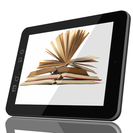 Digital Library Concept - Open Book on teblet computer screen. 3D model isolated on white.の写真素材