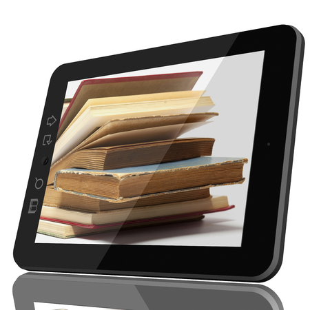 Digital Library Concept - Open Book on teblet computer screen. 3D model isolated on white.の写真素材