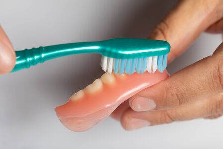 Doctor Dentist show how to Cleaning dental prosthesis with toothbrush, hold denture in hand