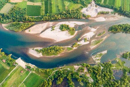 Drone view of river Drina near Ljubovija, border of Serbia and Bosnia Herzegovinaの写真素材