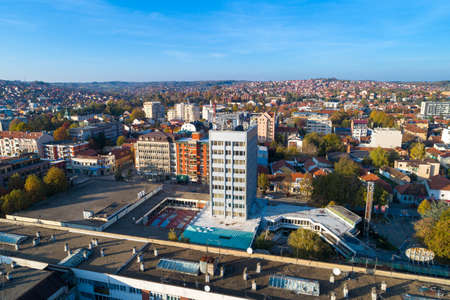 City hall in Valjevo - panorama of city in Serbia. Aerial drone view administrative center of the Kolubara District in Western Serbiaのeditorial素材