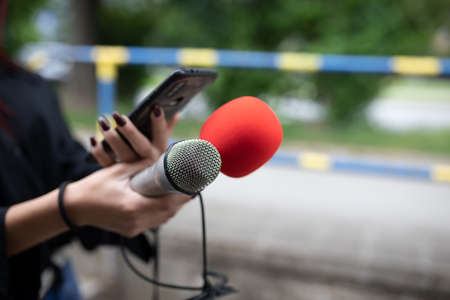 Female journalist at news conference, recording notes, holding microphone and smarthopne lice dictaphoneの写真素材