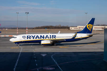 BUDAPEST, HUNGARY - FEBRUARY 04, 2022: Ryanair Boeing 737-8AS EI-EKT Airplane at Budapest international airport.のeditorial素材