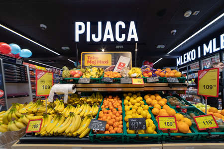 Valjevo, Serbia - Mart 4, 2022 - Fresh fruits and vegetables in modern local supermarket storeのeditorial素材